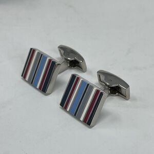 TR Cufflinks Mens Silvertone Stripe Blue Gray Red White Square In-Box